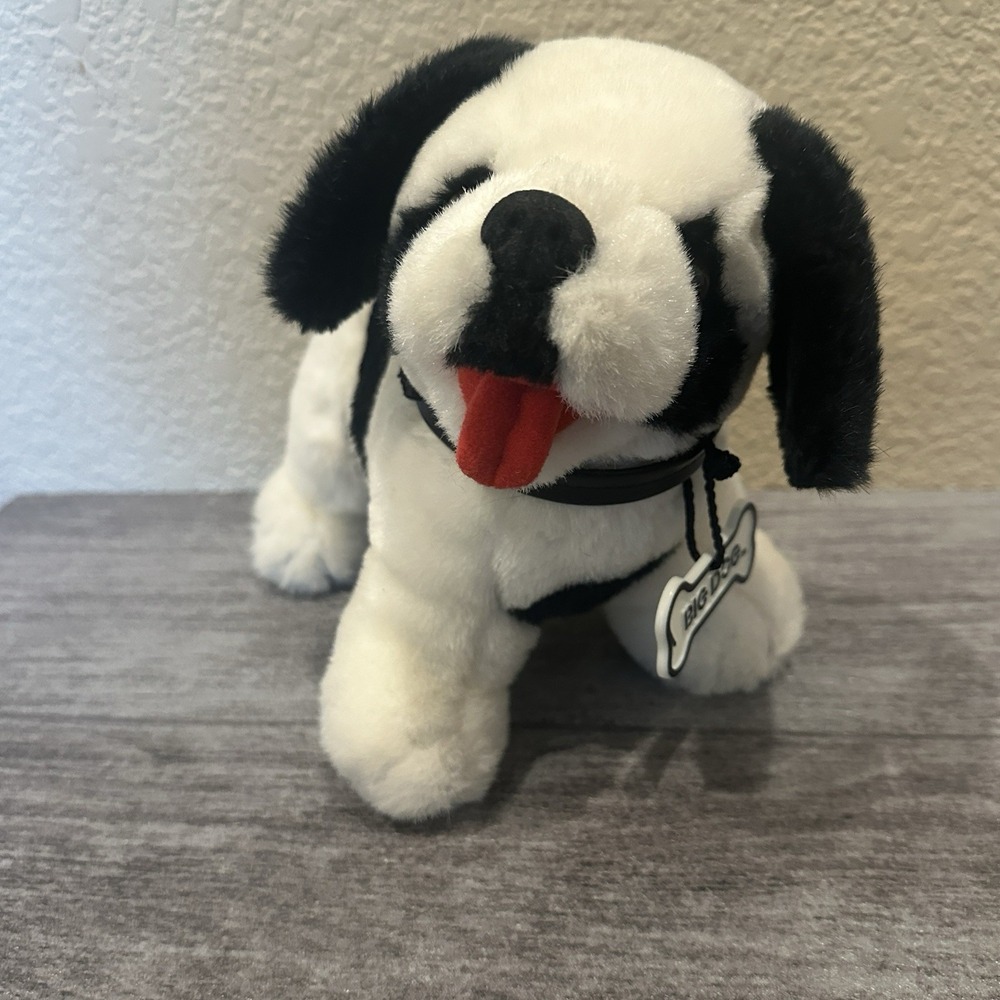 Vintage Big Dogs Plush Puppy Dog Black White Spotted Red Tongue Bone Tag